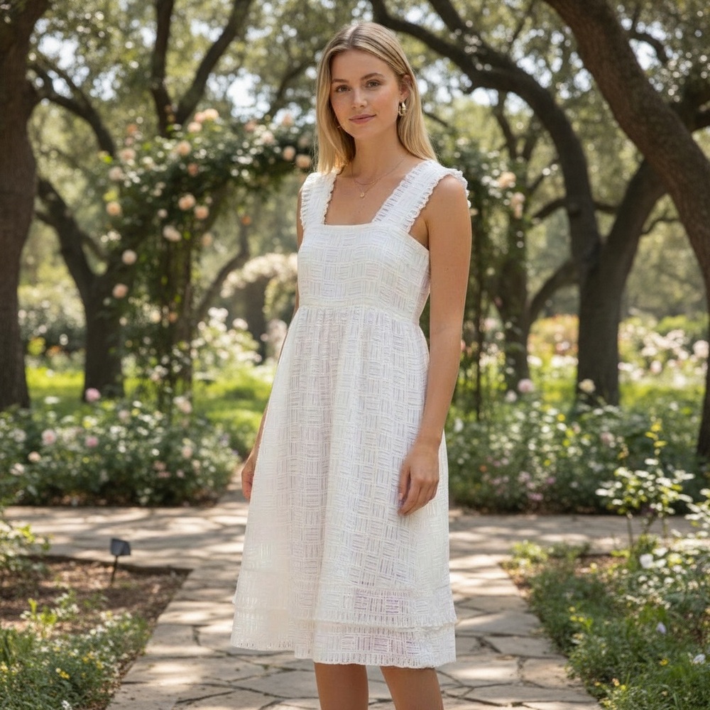 Tuckernuck White Square Neck Textured A-Line Midi Dress Size Small